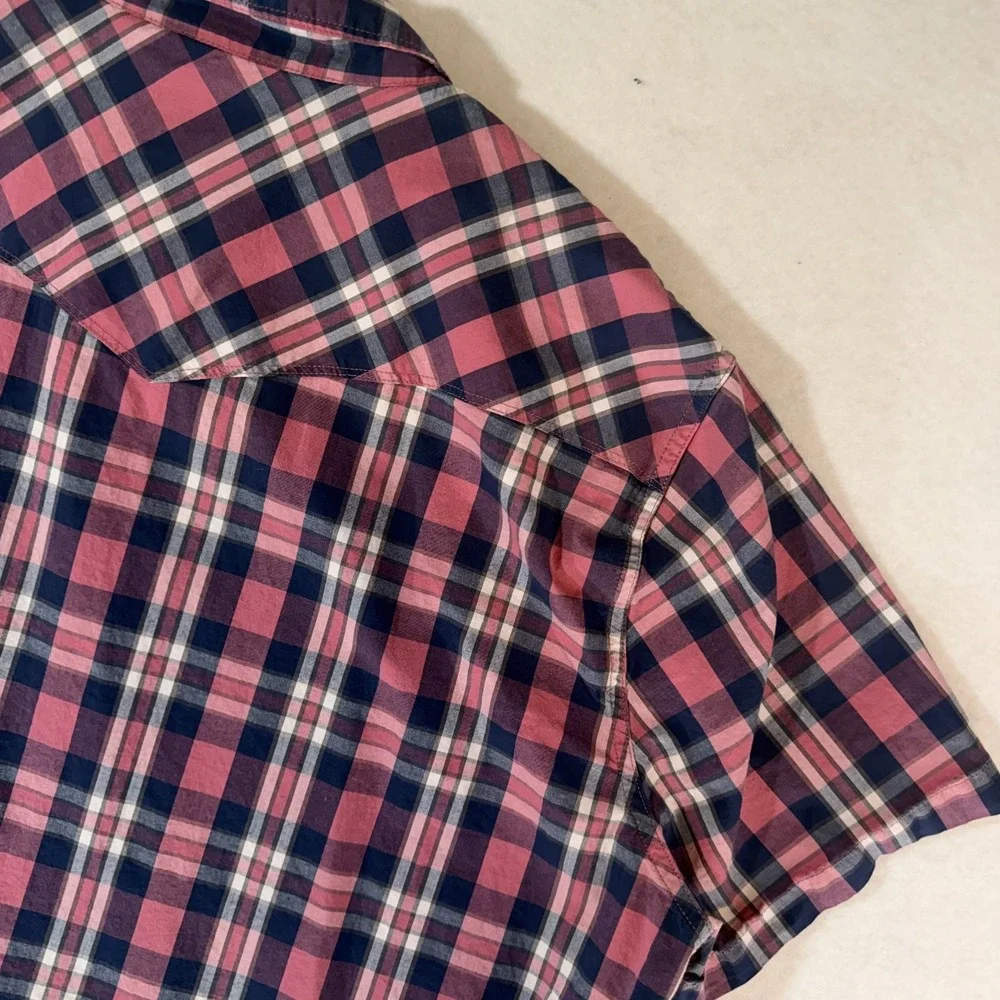 Lucky Brand Mens XXL Pink Navy Plaid Short Sleeve Pearl Snap‎ Western Shirt Y2K